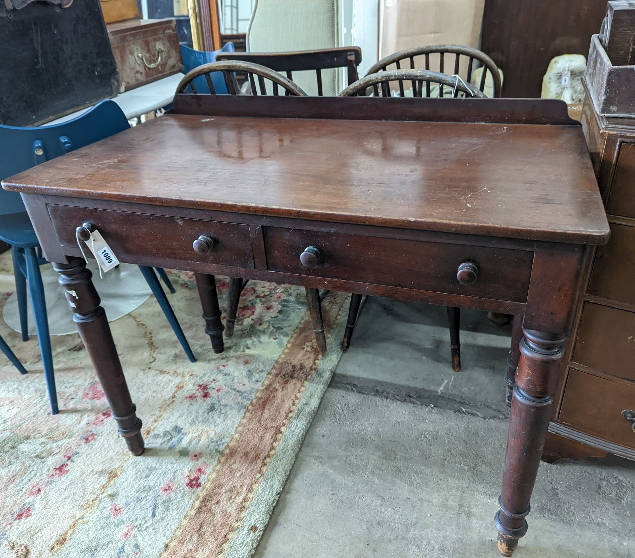 A Victorian mahogany two drawer side table, width 99cm, depth 53cm, height 80cm